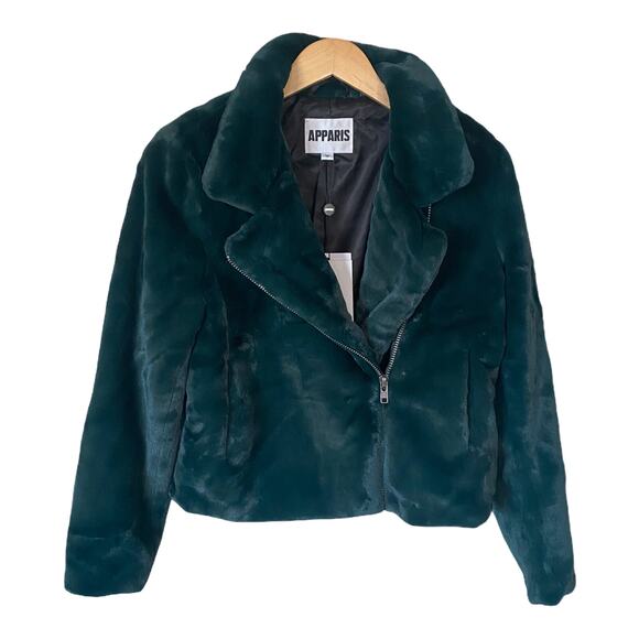 APPARIS Tukio Coat Emerald Green Faux Fur Coat Soft Cozy Pockets Jacket Medium - Picture 1 of 10